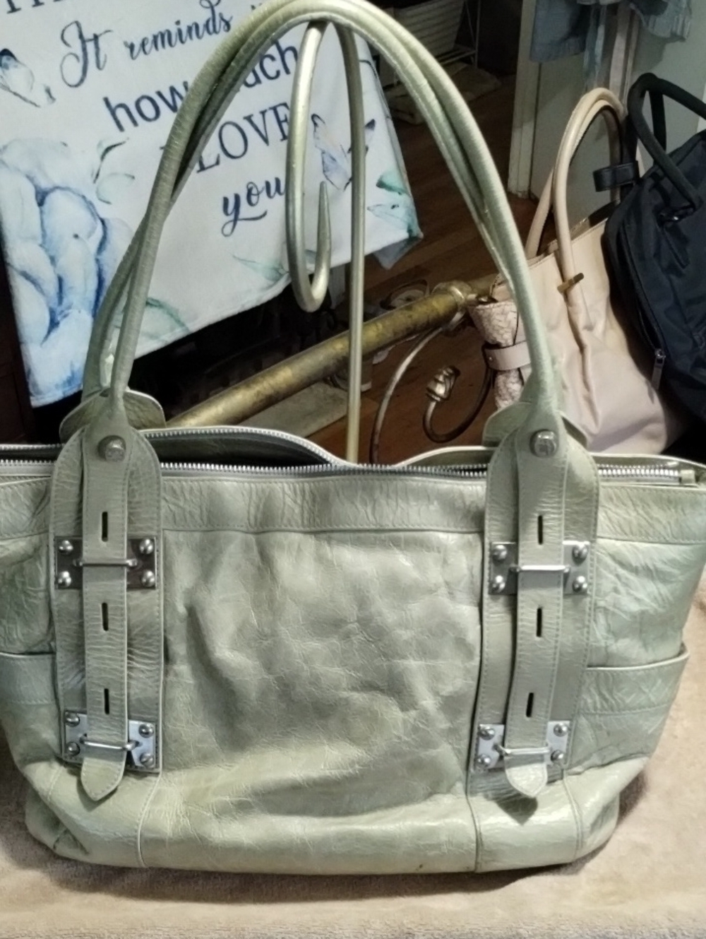 Abro Sage Green Leather Tote Bag
